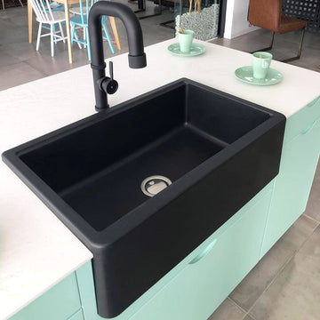 Chiuveta bucatarie granit reversibila Farmhouse Apron Neagra / Black Metal Quartz + accesorii montaj, 838x520x240 mm, cod 6049